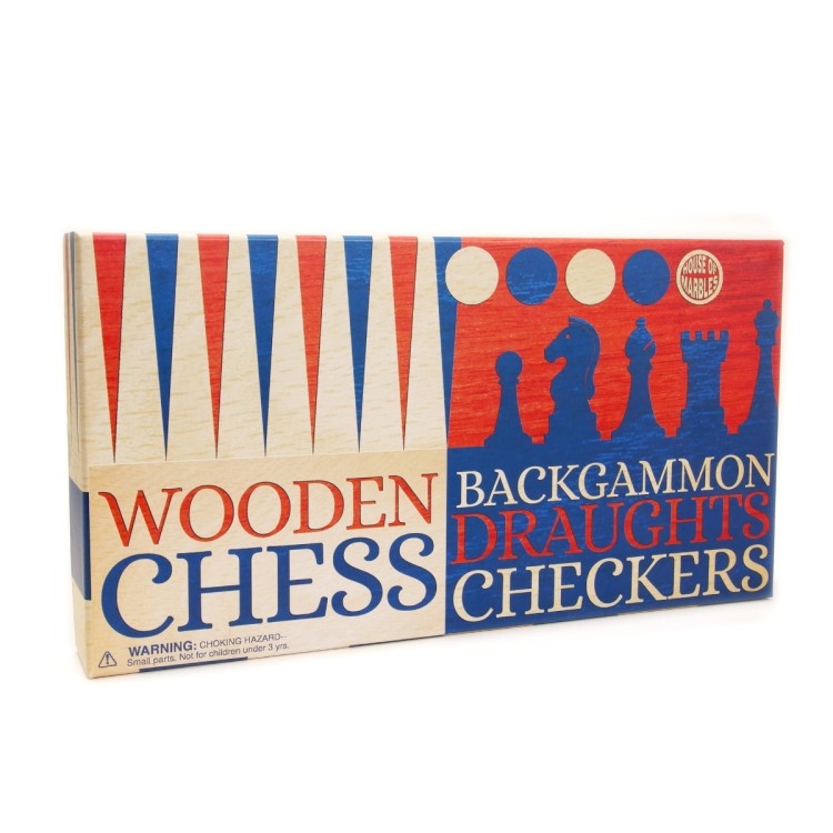 Wooden Chess Backgammon and Draughts 3 in 1 Board Game Set